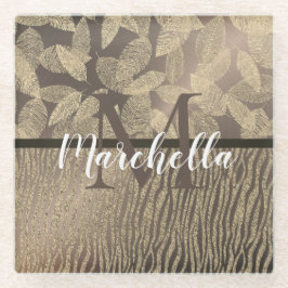 金ゴールド羽グリッターゼブラプリントモノグラム ガラスコースター