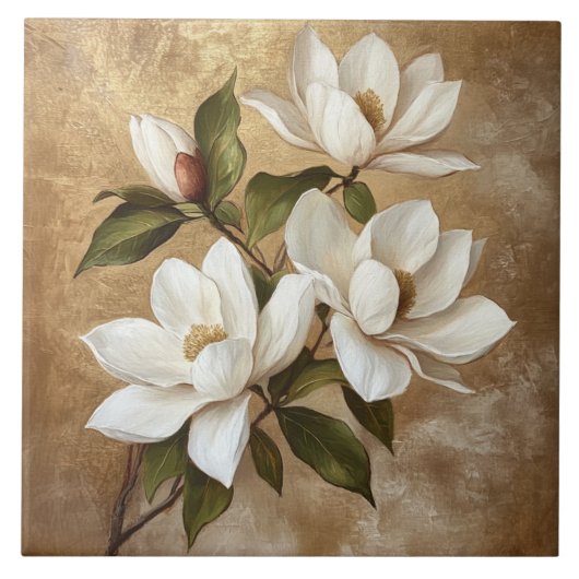 金ゴールド背景の白いMagnolias タイル (正面)