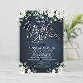 金ゴールド脚本ネイビーブルーホワイトフローラブライダルシャワー 招待状 (スタンド正面)