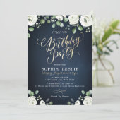 金ゴールド脚本ネイビーブルーホワイトフローラ誕生会 招待状 (スタンド正面)