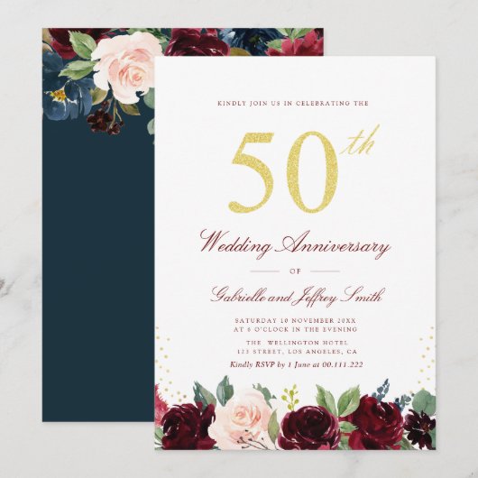 金ゴールド脚本ブルゴーニュ海軍結婚50周年 招待状 (正面/裏面)