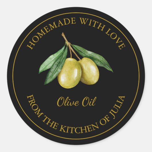 金ゴールド自家製オリーブ油ラベル |黒 ラウンドシール (正面)