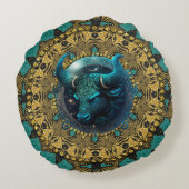 金ゴールド自然ティール（緑がかった色）トバルタウロス〔占星術の〕十二宮図 ラウンドクッション (裏面)