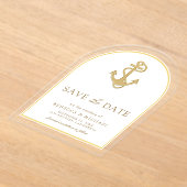 金ゴールド航海のいかりアーチ結婚式の日付を保存 アクリル招待状 (レイダウン)