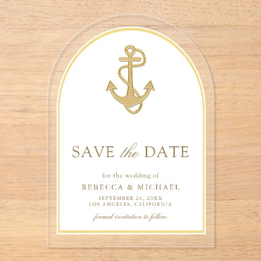 金ゴールド航海のいかりアーチ結婚式の日付を保存 アクリル招待状 (正面)