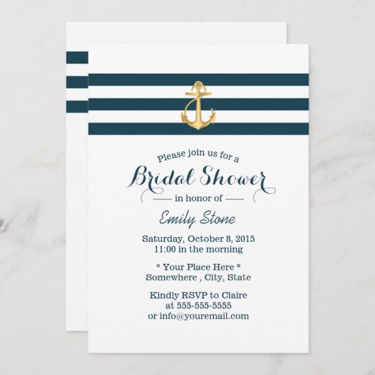 金ゴールド航海のいかりネイビーストライプブライダルシャワー 招待状 (正面/裏面)