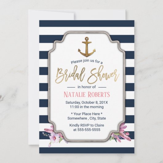 金ゴールド航海のいかりネイビーストライプブライダルシャワー 招待状 (正面)