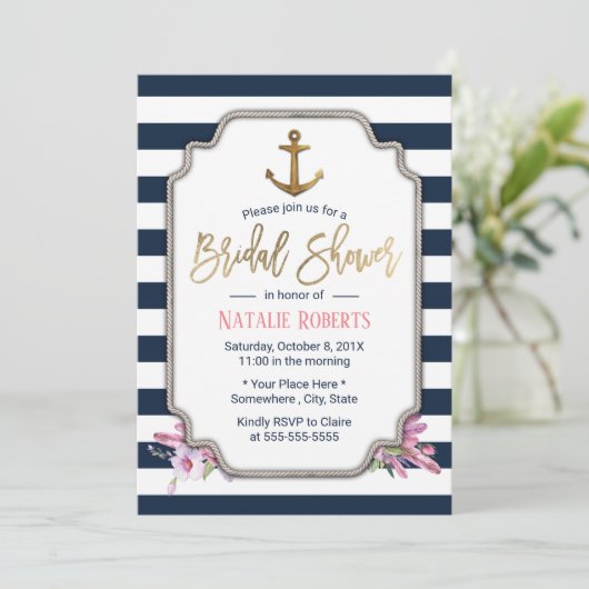 金ゴールド航海のいかりネイビーストライプブライダルシャワー 招待状 (スタンド正面)
