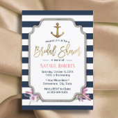 金ゴールド航海のいかりネイビーストライプブライダルシャワー 招待状