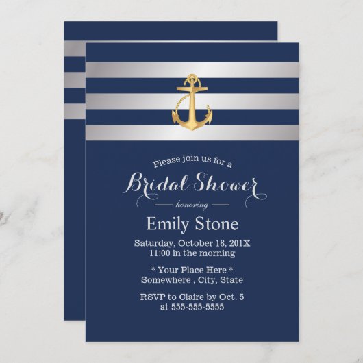 金ゴールド航海のいかりネイビーブルーブライダルシャワー 招待状 (正面/裏面)