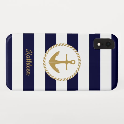 金ゴールド航海のいかりネイビーブルー&ホワイトストライプズ Case-Mate iPhoneケース (裏面(横))