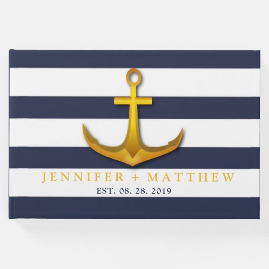 金ゴールド航海のいかりネイビーブルー&ホワイト結婚ズ ゲストブック (正面)