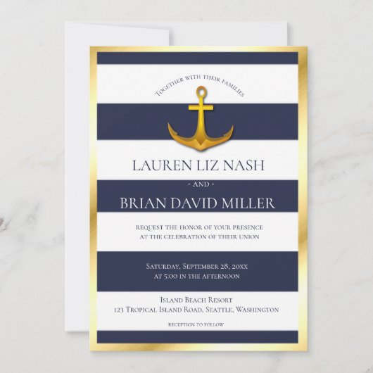 金ゴールド航海のいかりネイビーブルー&ホワイト結婚ズ 招待状 (正面)