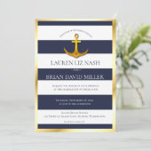 金ゴールド航海のいかりネイビーブルー&ホワイト結婚ズ 招待状 (スタンド正面)