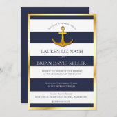 金ゴールド航海のいかりネイビーブルー&ホワイト結婚ズ 招待状 (正面/裏面)