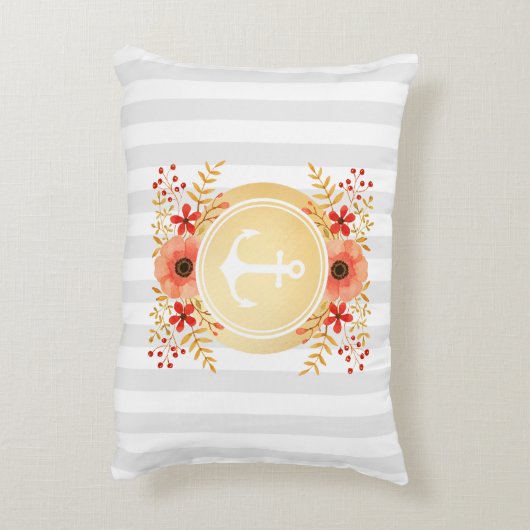 金ゴールド航海のいかり水彩フローラ ストライプの アクセントクッション (裏面(縦))