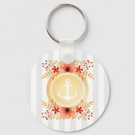 金ゴールド航海のいかり水彩フローラ ストライプの キーホルダー (正面)