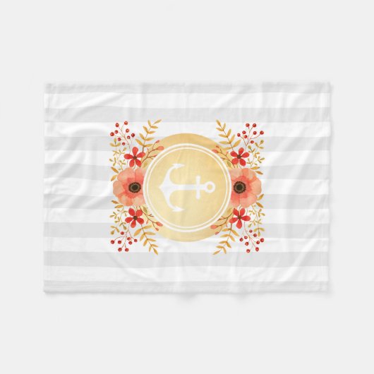 金ゴールド航海のいかり水彩フローラ ストライプの フリースブランケット (正面(横))