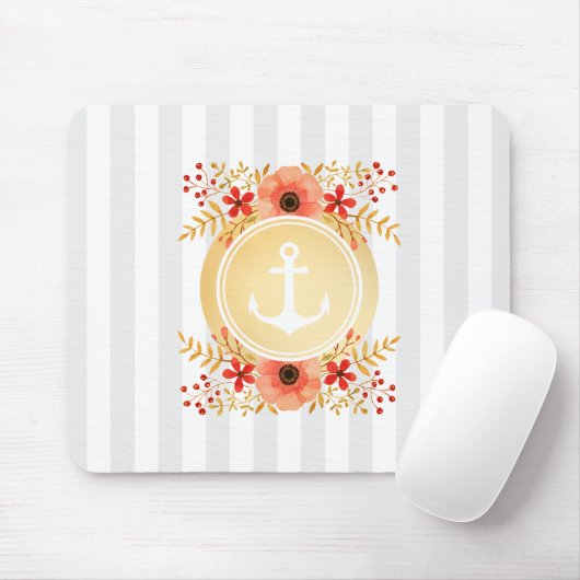 金ゴールド航海のいかり水彩フローラ ストライプの マウスパッド (マウス)