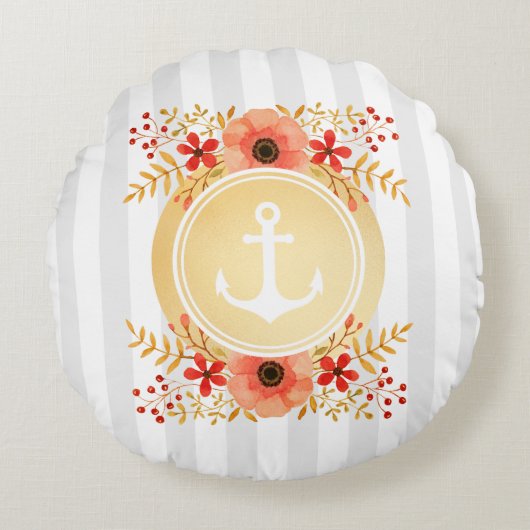 金ゴールド航海のいかり水彩フローラ ストライプの ラウンドクッション (正面)