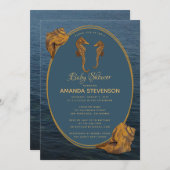 金ゴールド航海のシーホースブルー海ベビーシャワー 招待状 (正面/裏面)