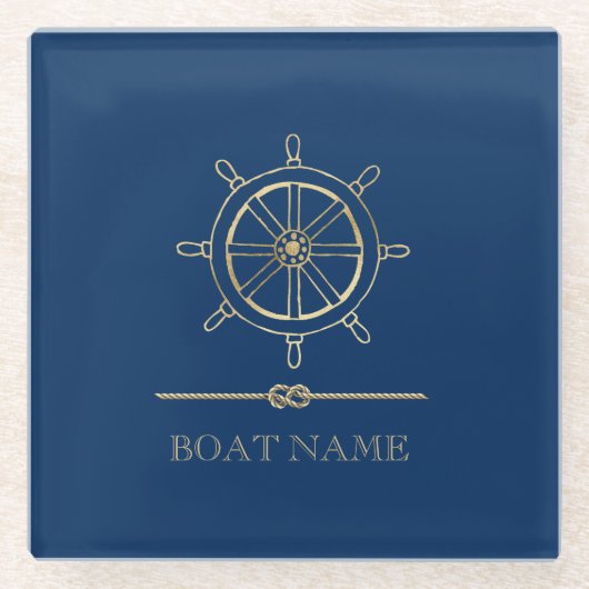 金ゴールド航海のボートホイール、ネイビーブルー ガラスコースター (正面)