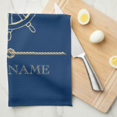 金ゴールド航海のボートホイール、ネイビーブルー キッチンタオル (四つ折り)