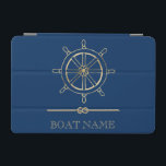 金ゴールド航海のボートホイール、ネイビーブルー iPad MINIカバー<br><div class="desc">この画像は、ネイビーブルーの背景に金ゴールドボートのホイールを備えている。</div>
