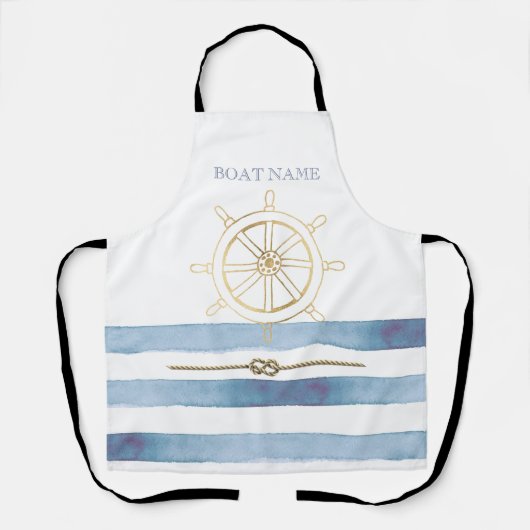 金ゴールド航海のボートホイール、青い水色のストライプ エプロン (正面)