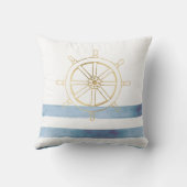 金ゴールド航海のボートホイール、青い水色のストライプ クッション (裏面)