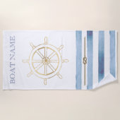 金ゴールド航海のボートホイール、青い水色のストライプ ビーチタオル (正面)