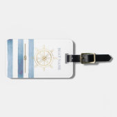 金ゴールド航海のボートホイール、青い水色のストライプ ラゲッジタグ (正面横)