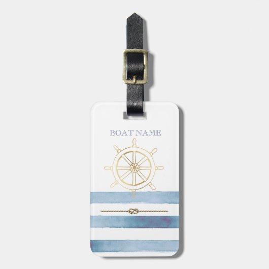 金ゴールド航海のボートホイール、青い水色のストライプ ラゲッジタグ (正面縦)