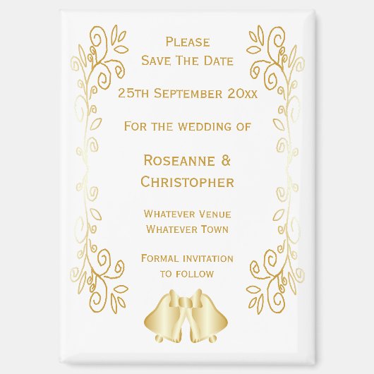 金ゴールド色のベルデザイン結婚式の日付を保存 マグネット (正面)