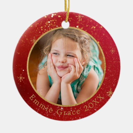 金ゴールド色の粉塵オン赤写真テンプレート セラミックオーナメント (正面)