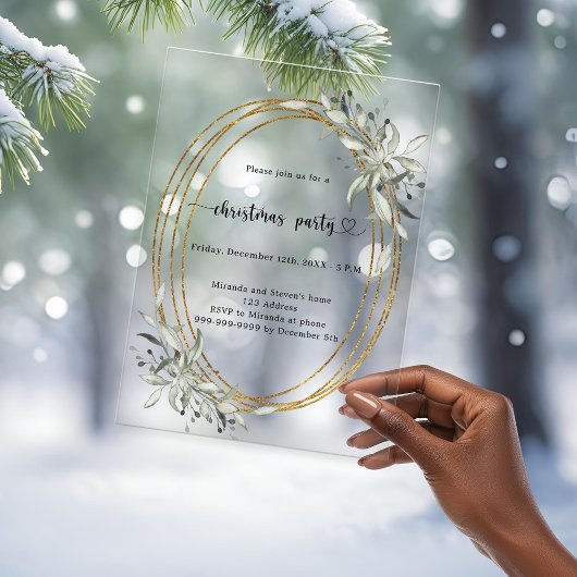 金ゴールド色の霜の降りたクリスマスパーティー アクリル招待状