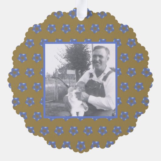 金ゴールド色の青いフラクタル星 |先祖の写真 オーナメントカード (裏面)