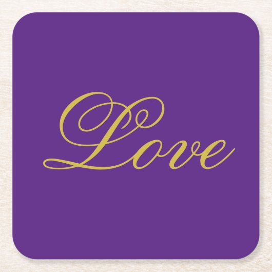 金ゴールド色文字ラブパープル結婚の書道 スクエアペーパーコースター (正面)