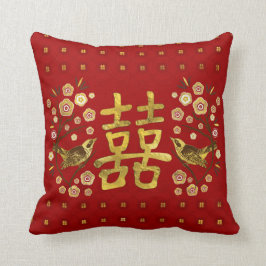 金ゴールド花と鳥の二重幸福のシンボル クッション