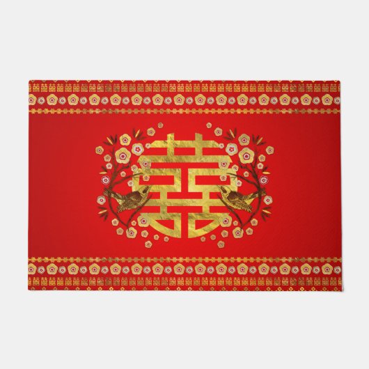 金ゴールド花と鳥の二重幸福のシンボル ドアマット (正面)