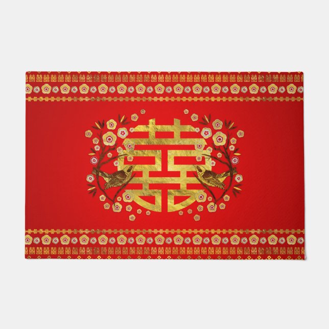 金ゴールド花と鳥の二重幸福のシンボル ドアマット (正面)