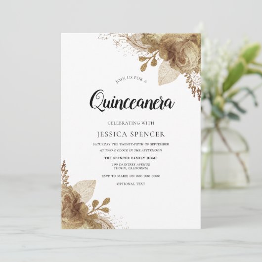 金ゴールド花エレガントキンセアニェラパーティー招待状 招待状 (スタンド正面)