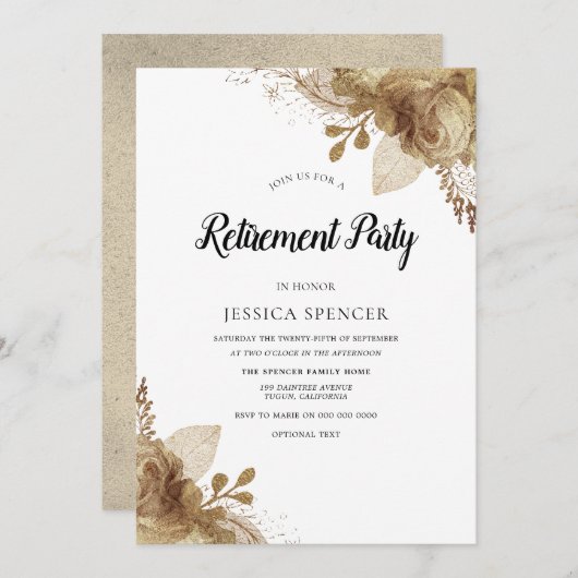 金ゴールド花エレガント退職パーティー招待状 招待状 (正面/裏面)