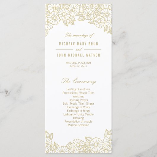 金ゴールド花オンホワイト結婚式 プログラムラックカード プログラム (正面)