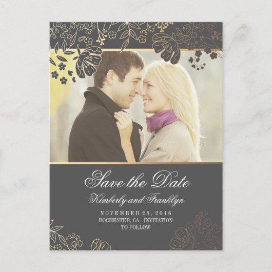 金ゴールド花グレーヴィンテージ写真保存日 案内ポストカード (正面)