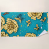 金ゴールド花ティール（緑がかった色）背景名前をカスタムする ビーチタオル (正面)