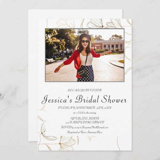 金ゴールド花ブライダルシャワー写真招待状 招待状 (正面/裏面)