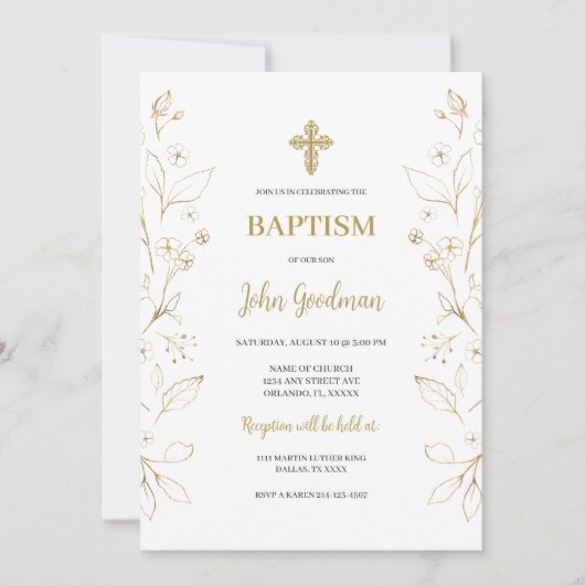 金ゴールド花ミニマリストスペインの洗礼 招待状 (正面)