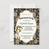 金ゴールド花ワイングラス、風船、退職パーティー 招待状 (正面)