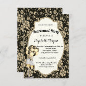 金ゴールド花ワイングラス、風船、退職パーティー 招待状 (正面/裏面)